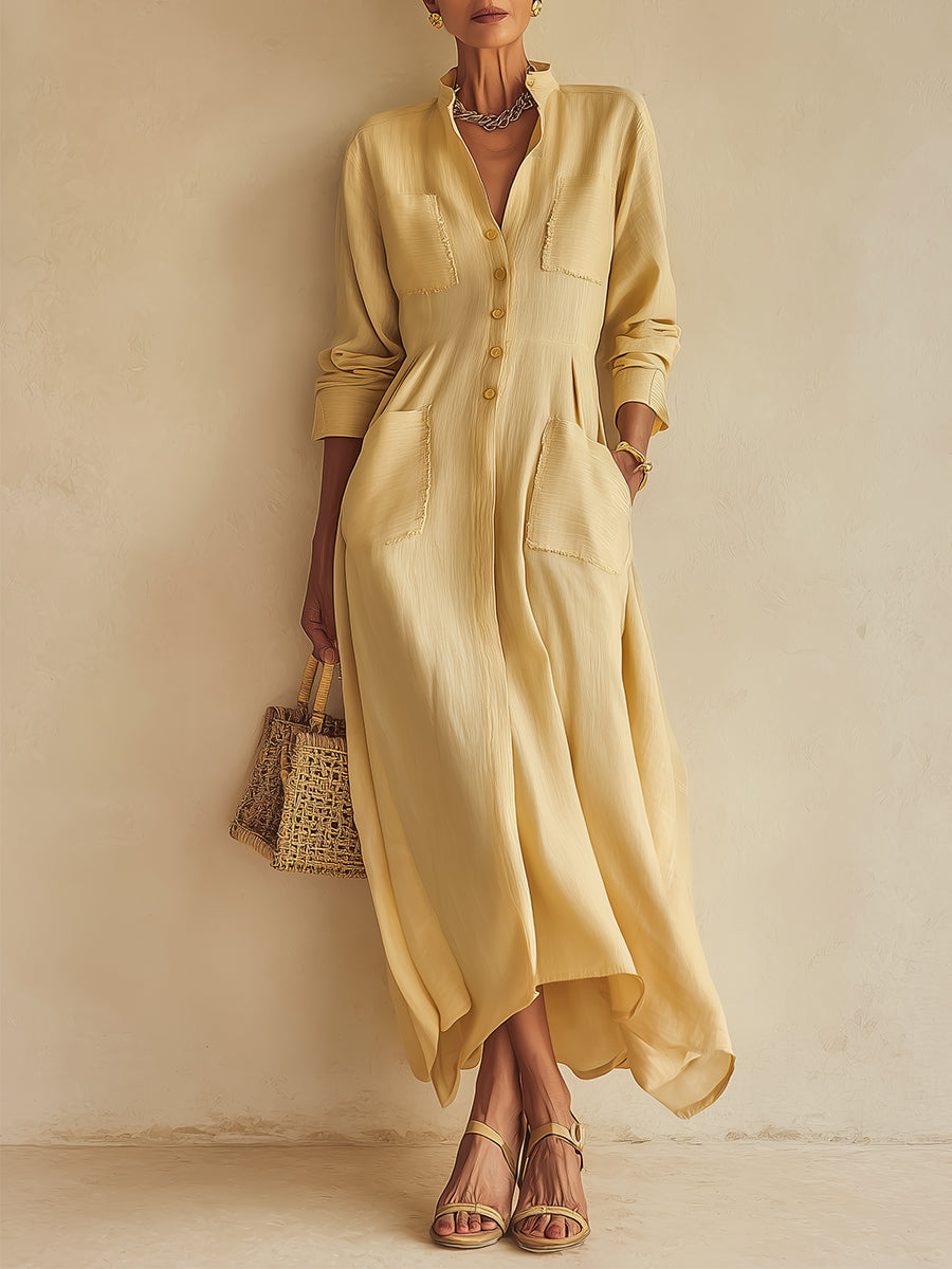 Stand-Collar Cotton-Linen Maxi Dress With Patch Pockets – Berylike
