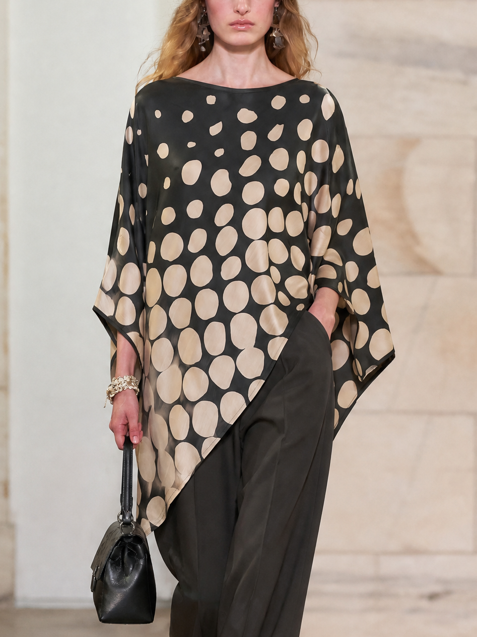 Batwing-Sleeve Polka-Dot Blouse With Asymmetrical Hem