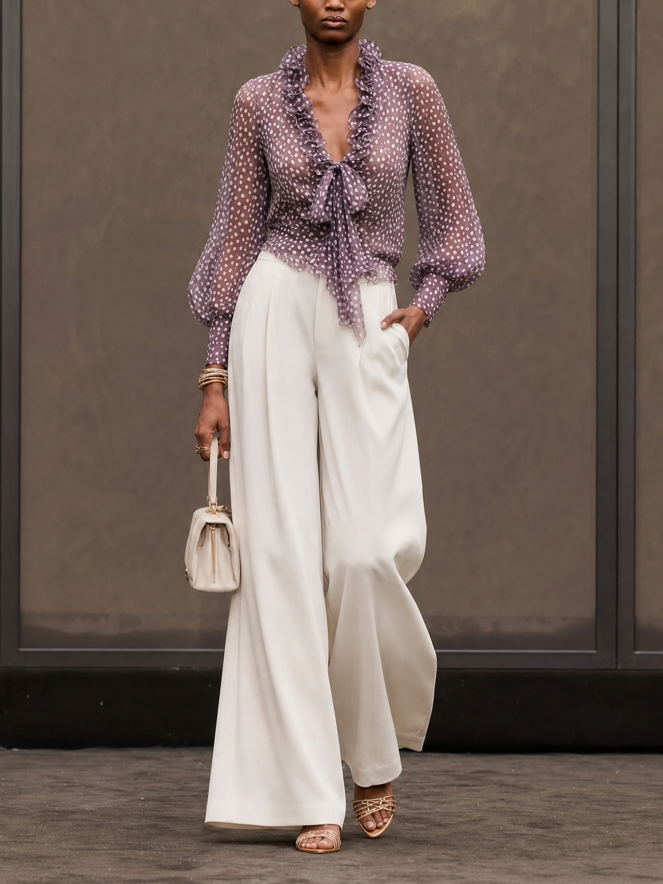 Polka-Dot Chiffon Blouse With Center-Front Knot & Pants Set