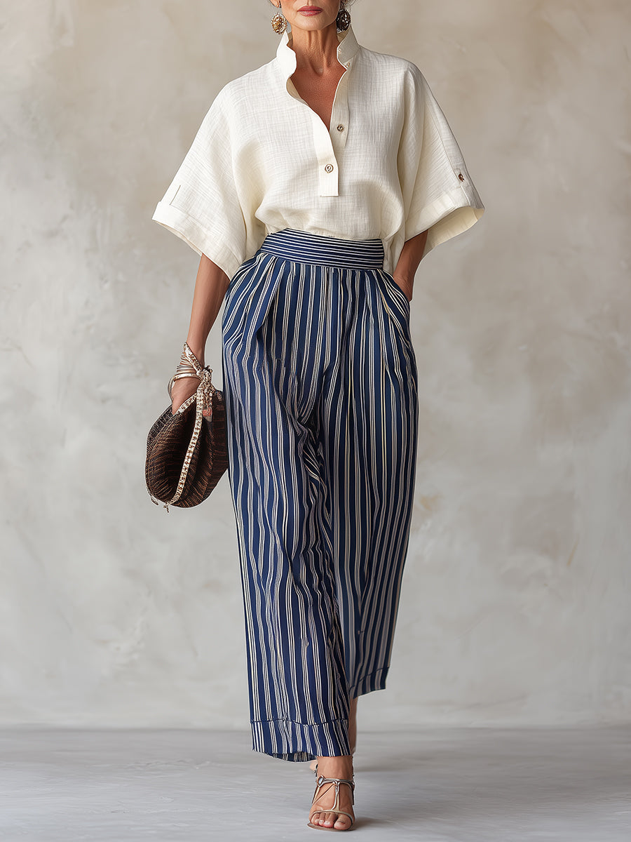 Classic Cotton And Linen Blouse & Striped Pants Set
