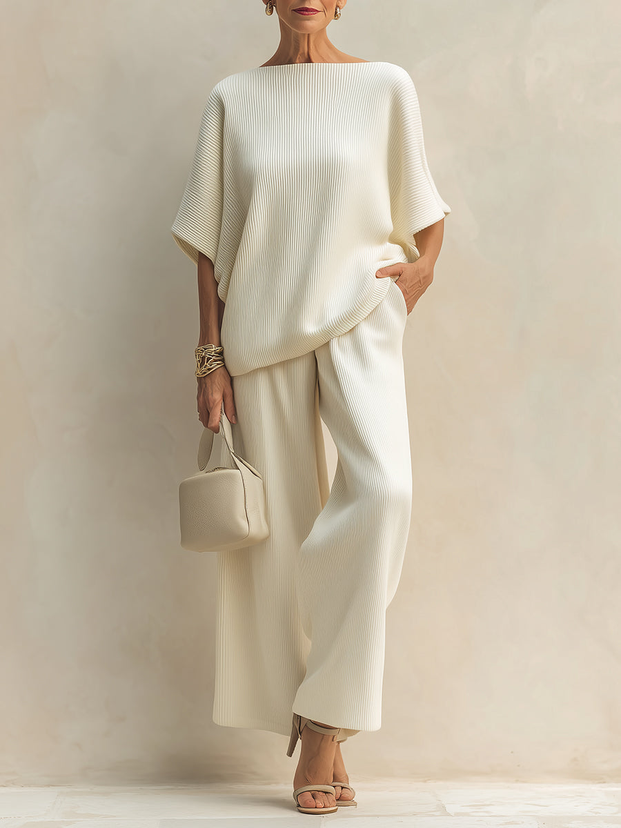 Boat-Neck Batwing-Sleeve Knit Top & Wide-Leg Pants Set