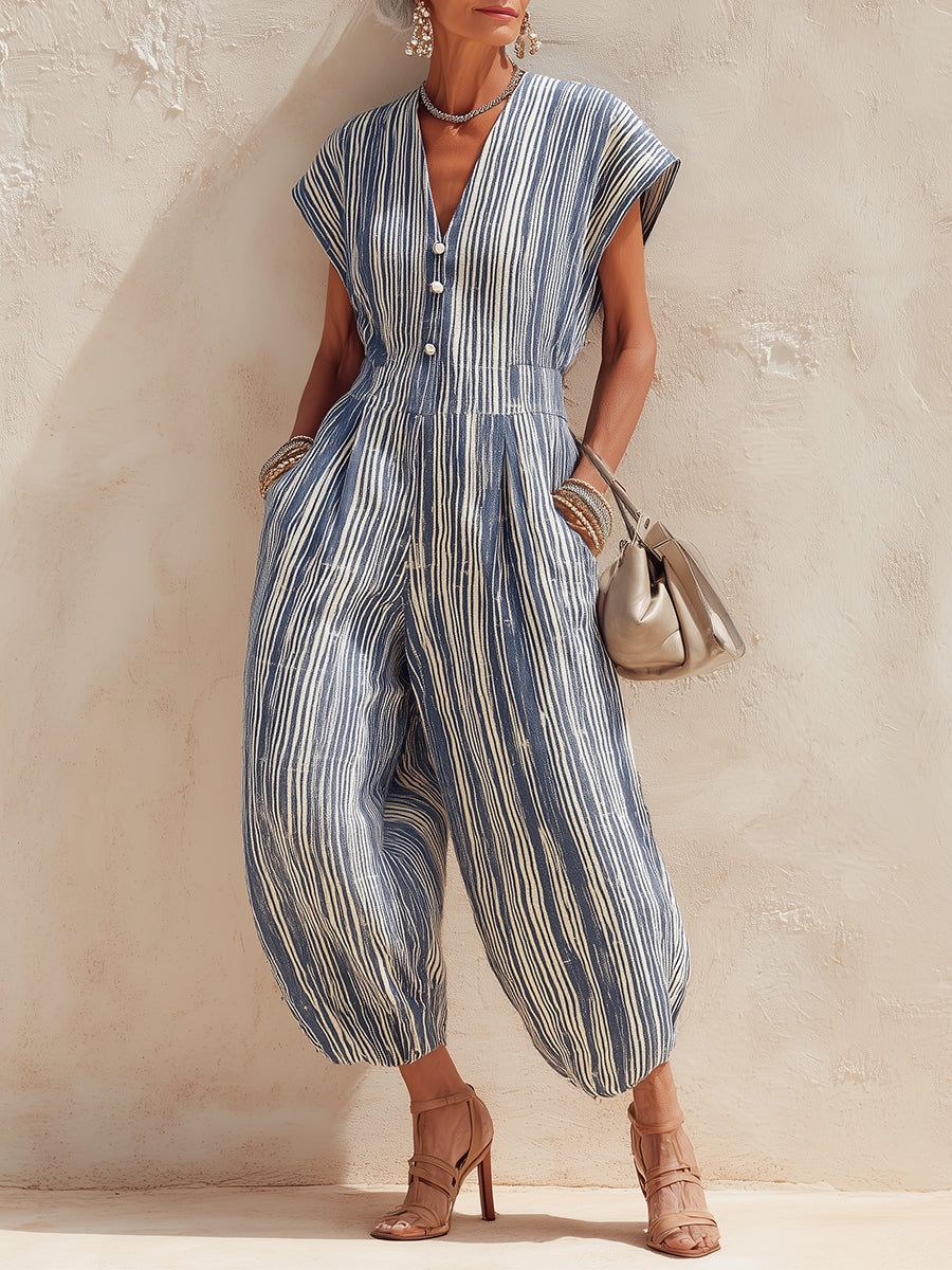 Batwing Cotton-Linen Striped Lantern Jumpsuit