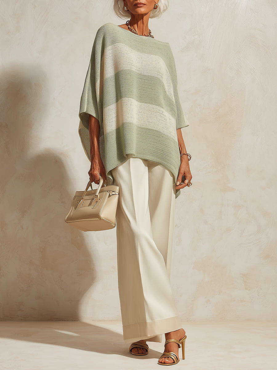 Batwing Sleeve Striped Knit Top & Wide-Leg Pants Set