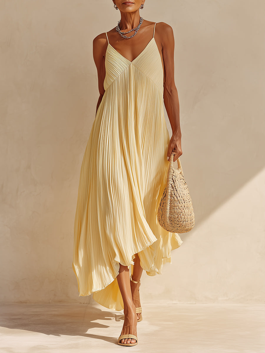 Quiet Luxury Pleated Strappy Maxi Dress With Asymmetrical Hem