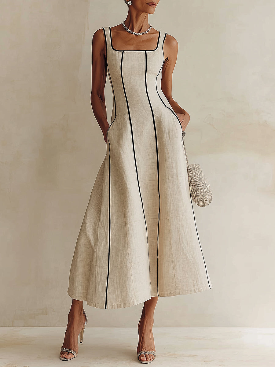 Black-Piped A-Line Cotton-Linen Maxi Dress