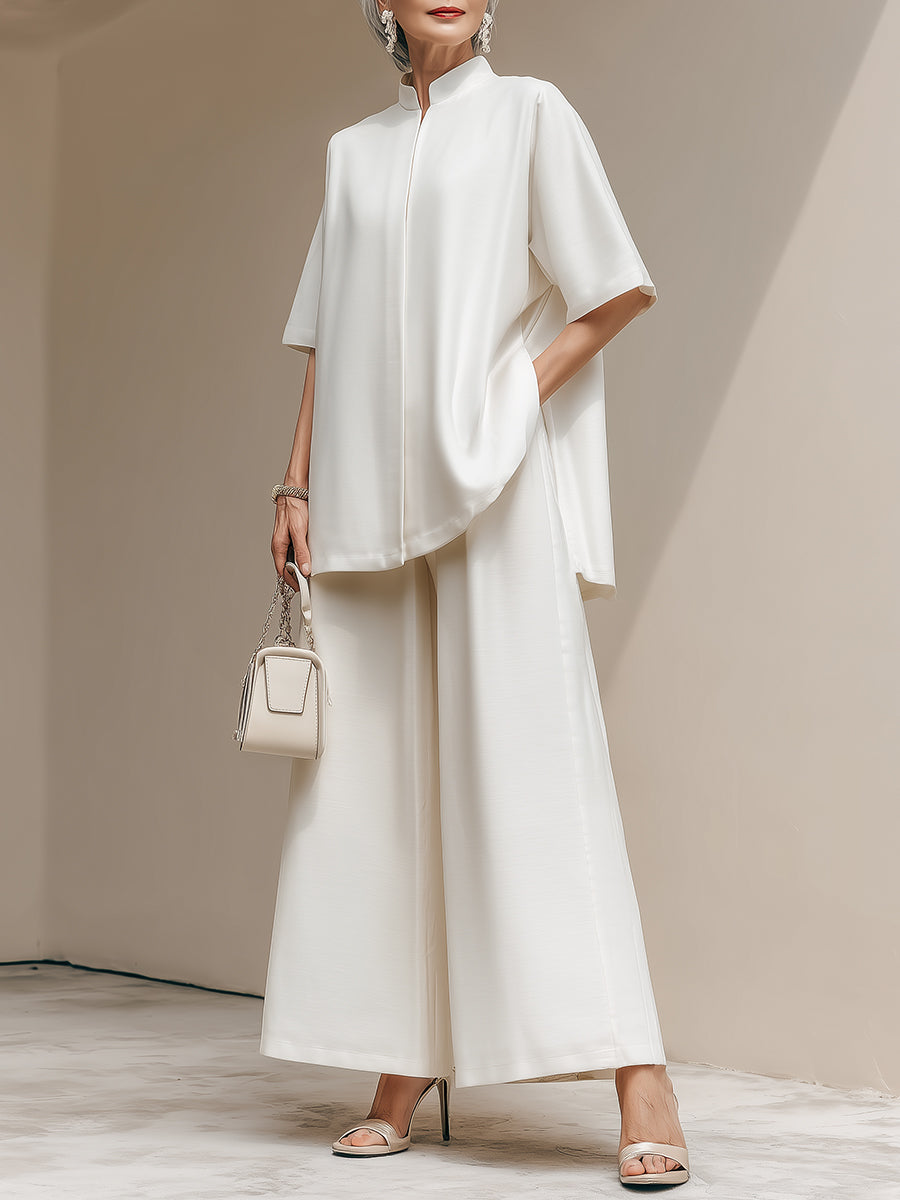 Ensemble blouse à col montant et pantalon large de style décontracté