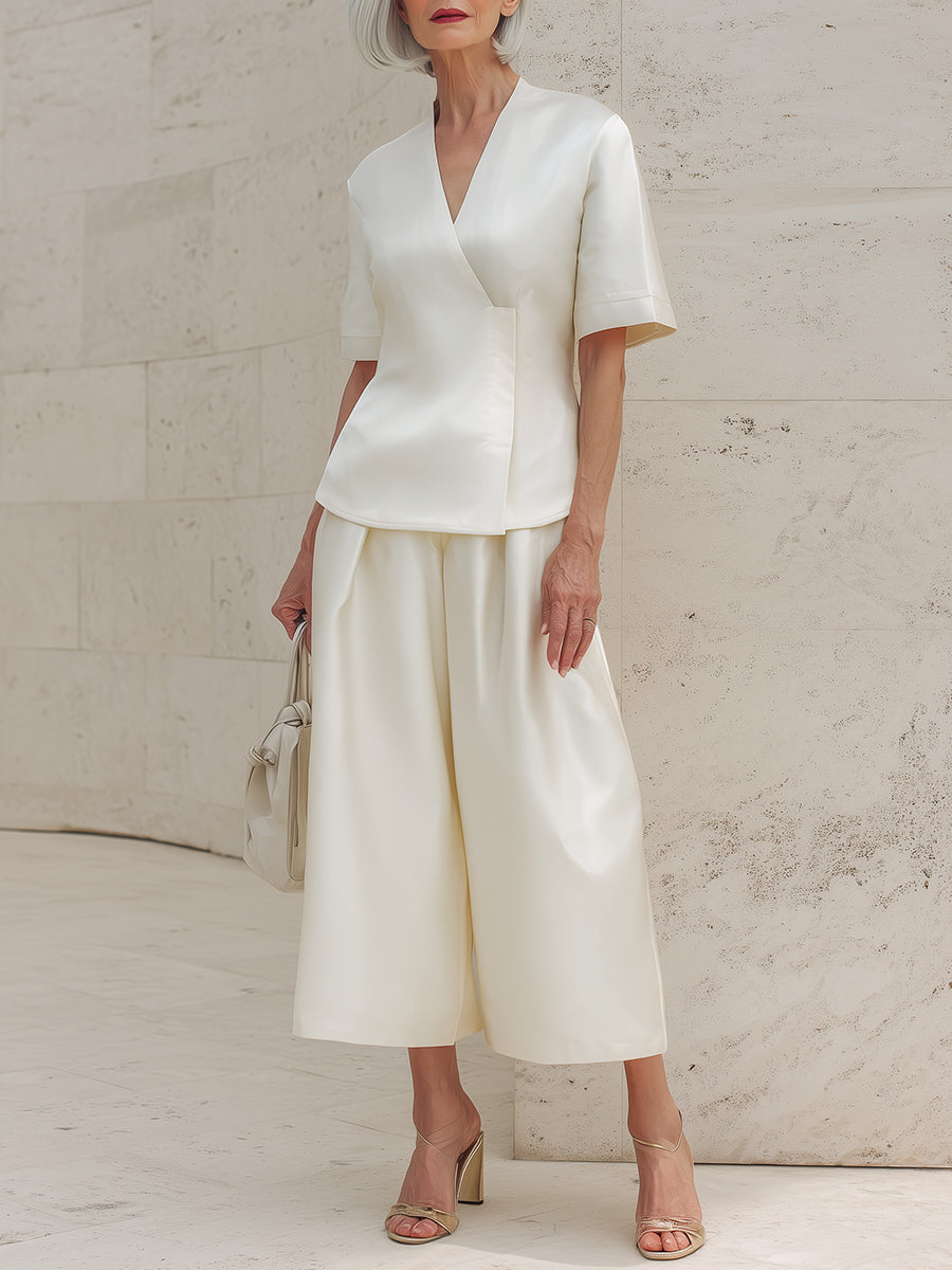 Elegant Crossover-Neck Blouse & Satin Wide-Leg Pants Set