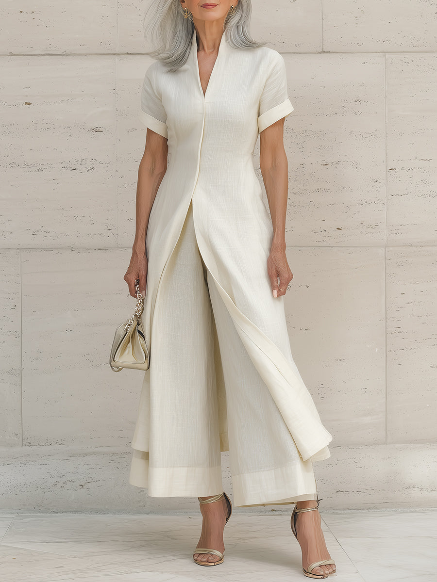 Classic Cotton-Linen Mid-Length Blouse & Wide-Leg Pants Set
