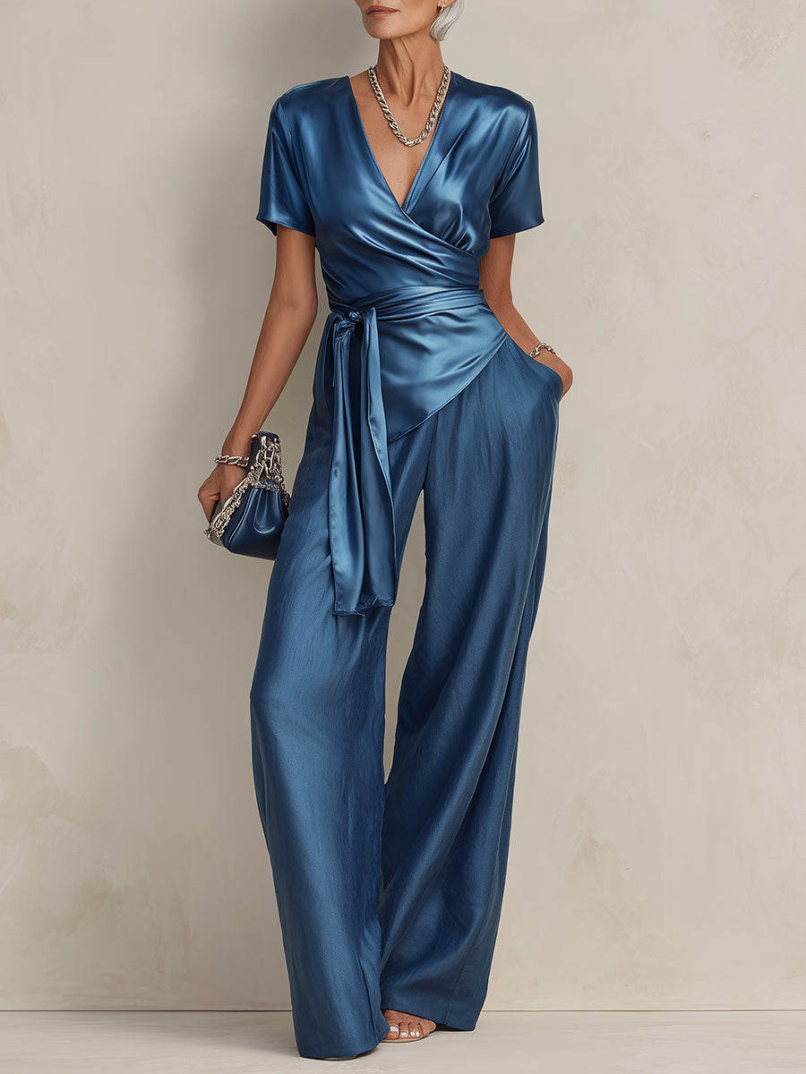 Stylish Crossover V-Neck Blouse & Tencel Wide-Leg Pants Set