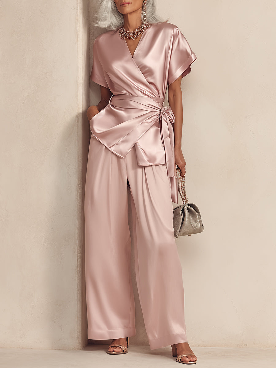 Wrap V-Neck Satin Blouse & Wide-Leg Pants Set