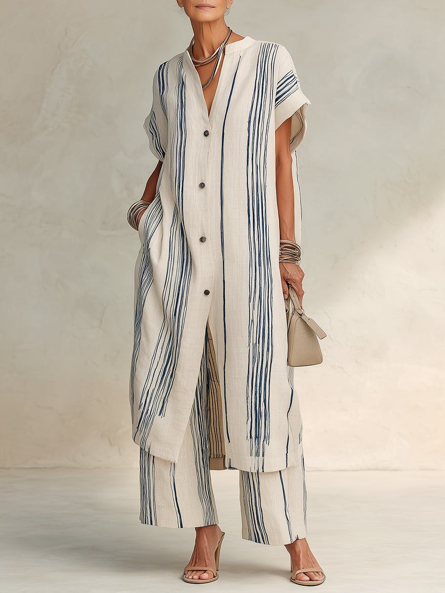 Cotton-Linen Striped Mid-Length Blouse & Wide-Leg Pants Set