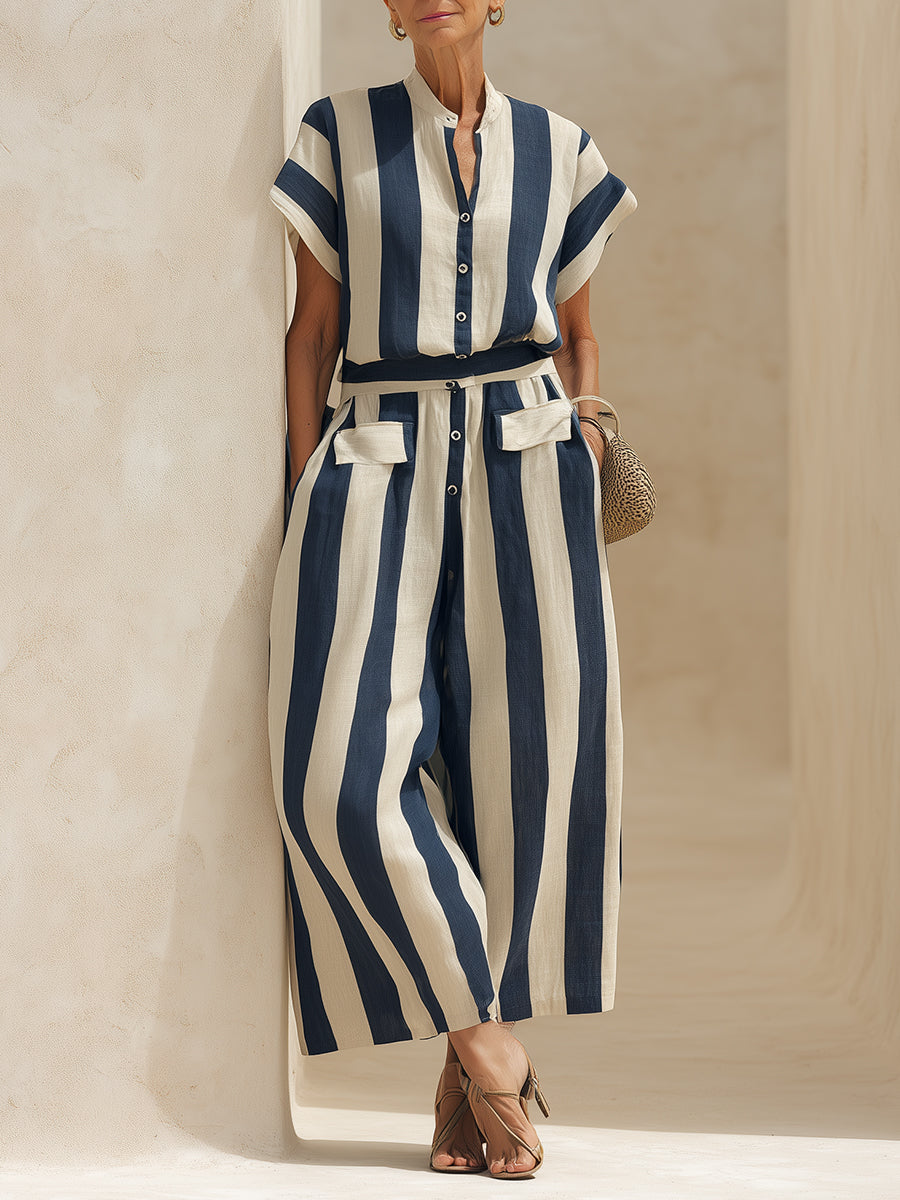 Striped Cotton-Linen Blouse With Baseball Collar & Wide-Leg Pants Set