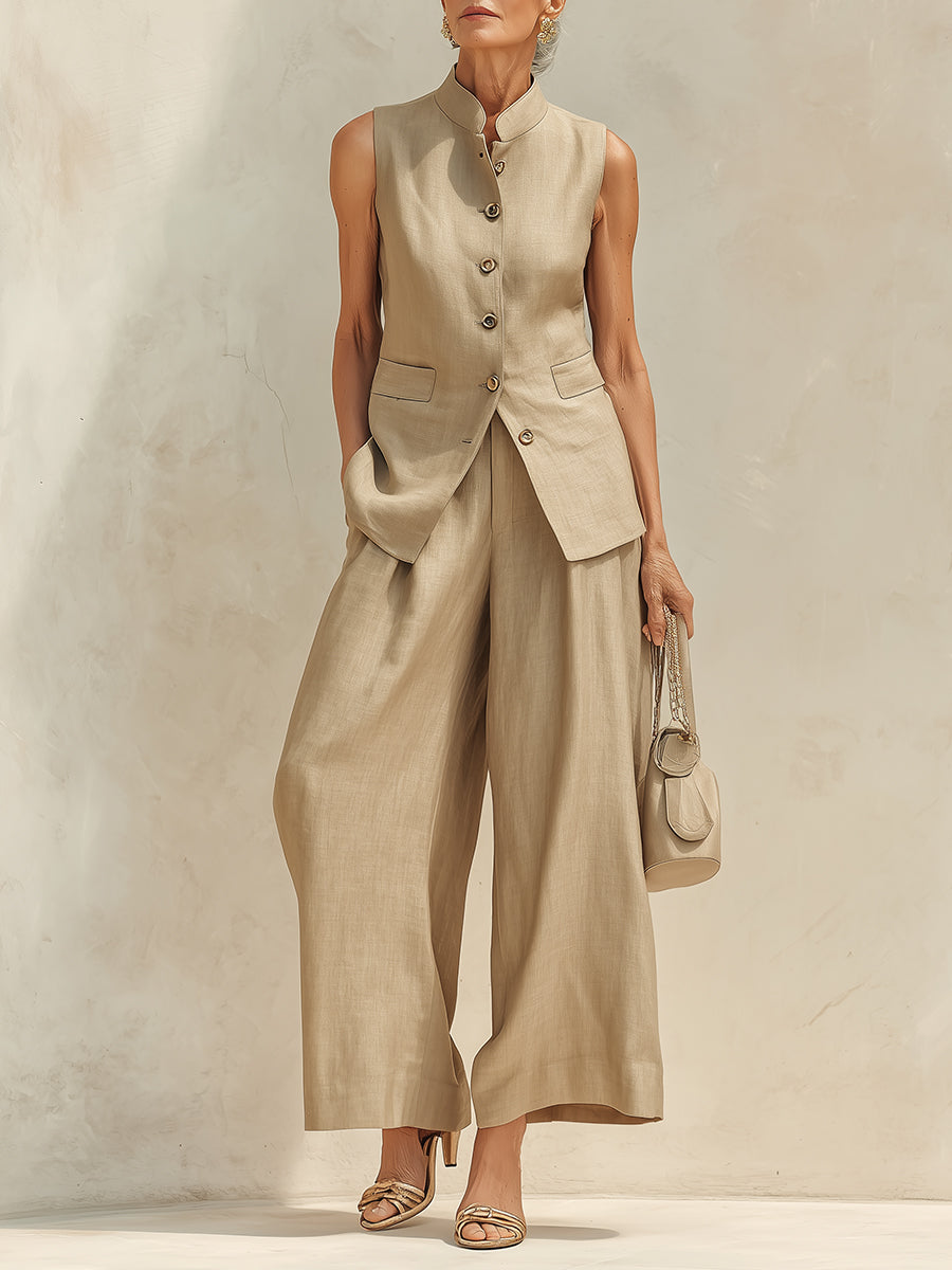 Ensemble gilet à col montant et pantalon large en coton-lin