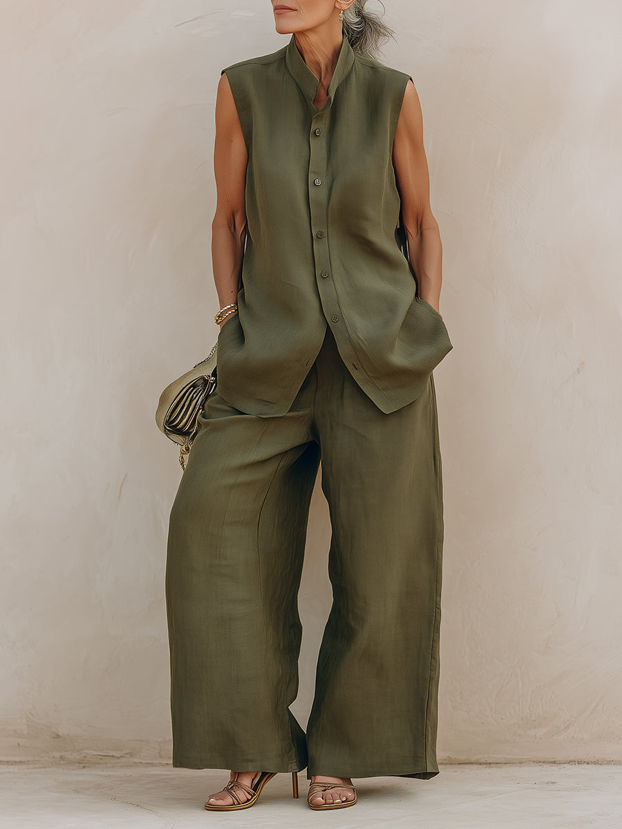 Casual Cotton-Linen Blouse & Wide-Leg Pants Set