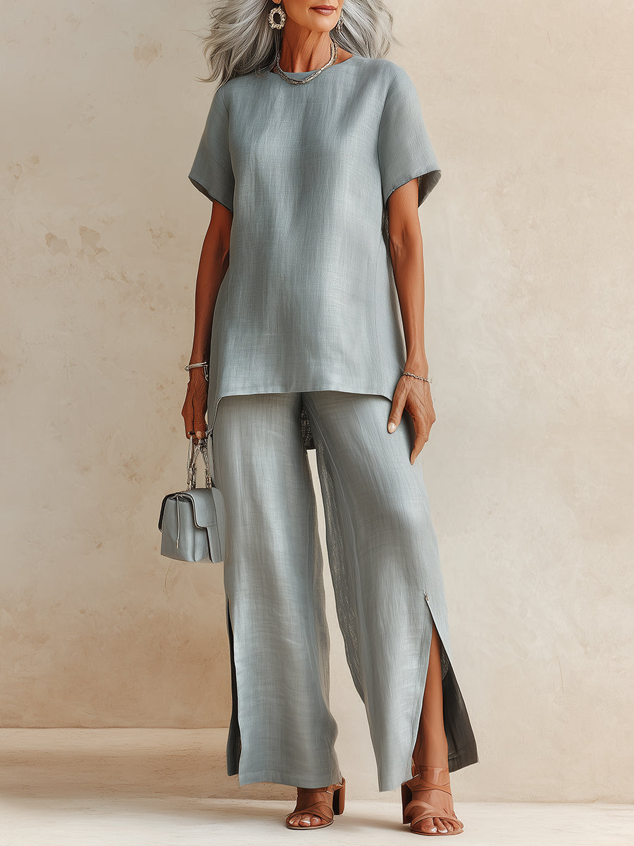 Cotton-Linen High-Low Hem Blouse & Split-Hem Wide-Leg Pants Set