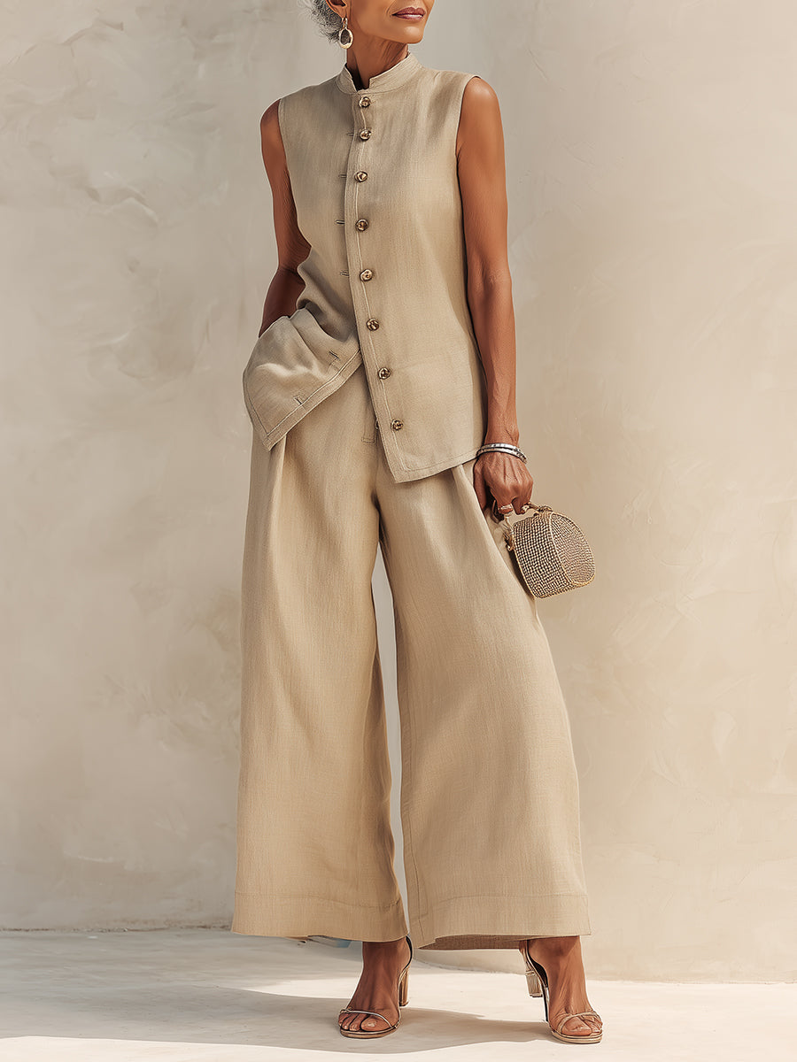 Ensemble Chic Blouse Col Montant Coton-Lin et Pantalon Large