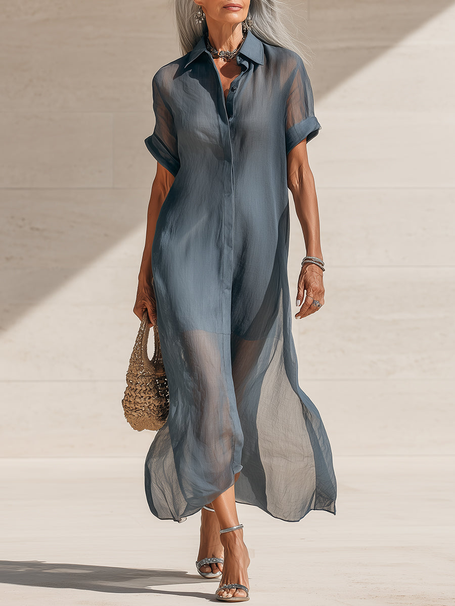 Chic Shirt-Collar Tencel Loose Maxi Dress
