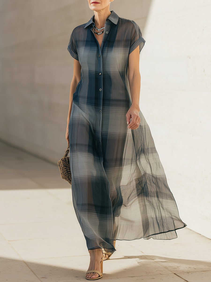 Robe longue en mousseline de soie à carreaux élégante