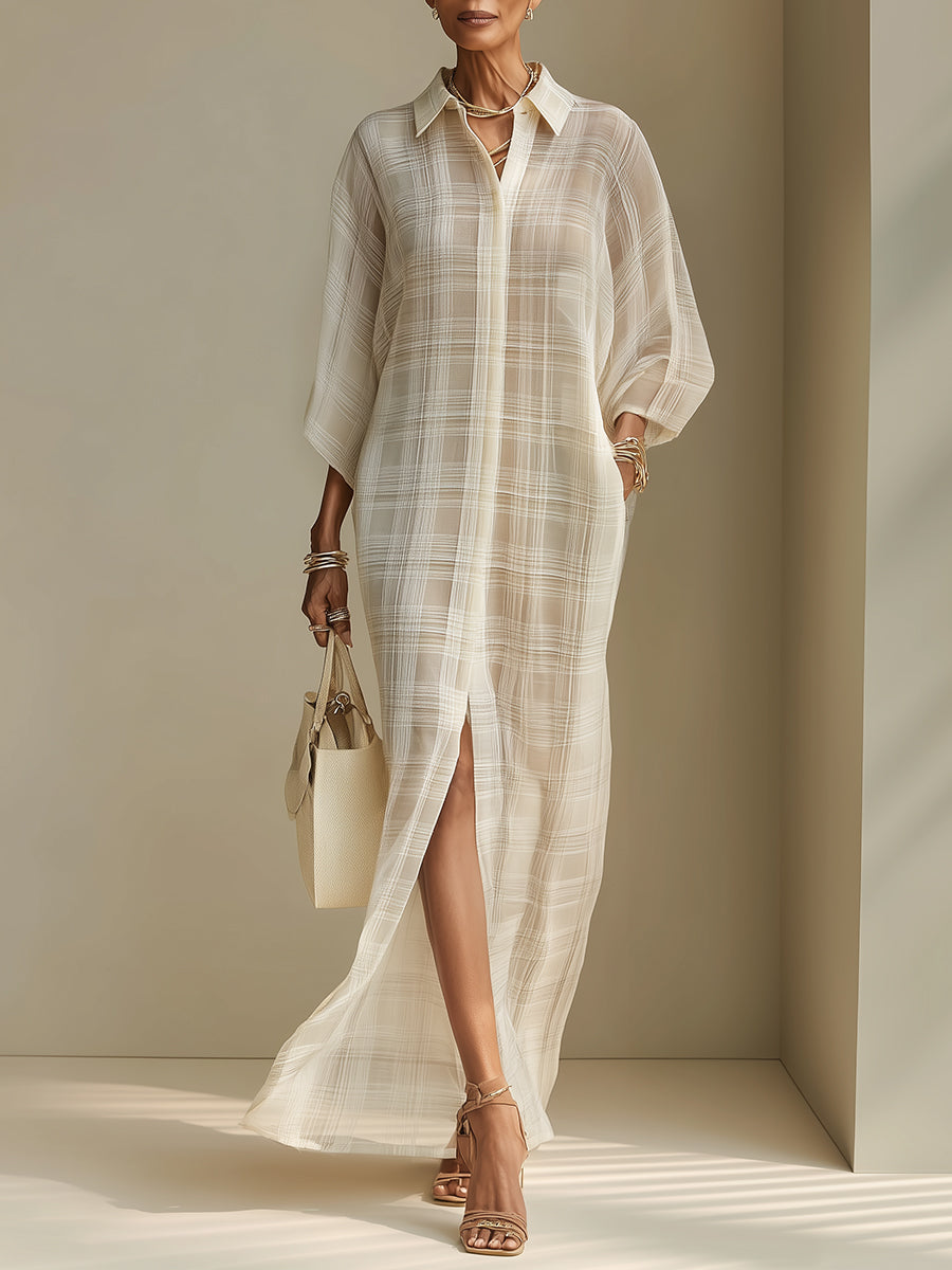 Chic Plaid Chiffon Maxi Dress With Slit Hem