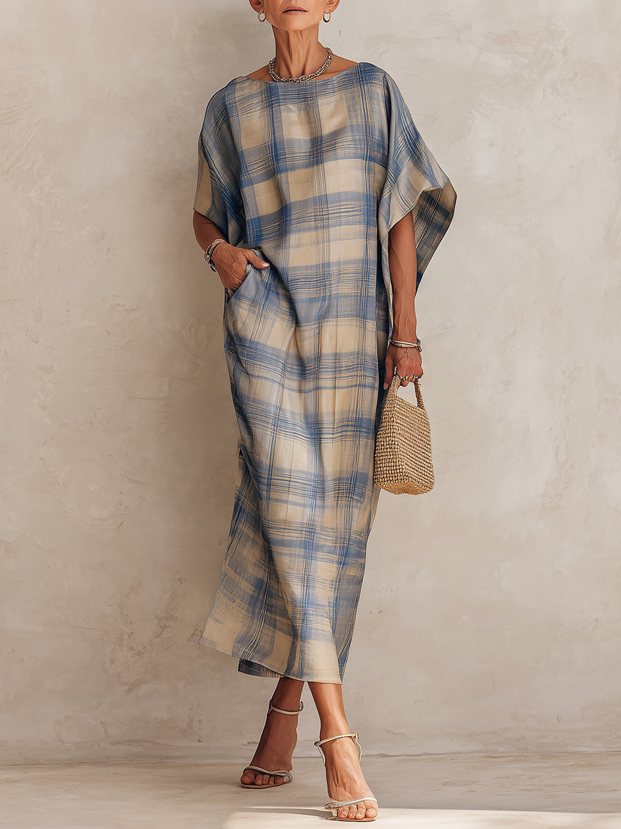 Stylish Plaid Batwing Maxi Dress