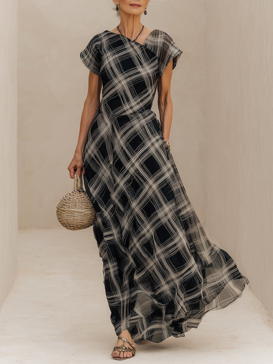 Chic Cap-Sleeve Plaid Chiffon Maxi Dress