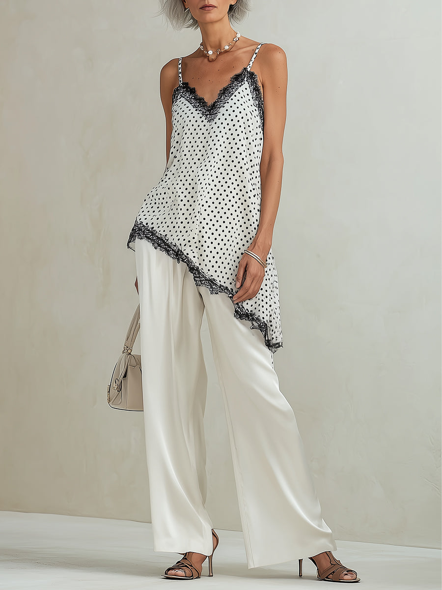 Lace-Trimmed Polka Dot Top & Wide-Leg Pants Set