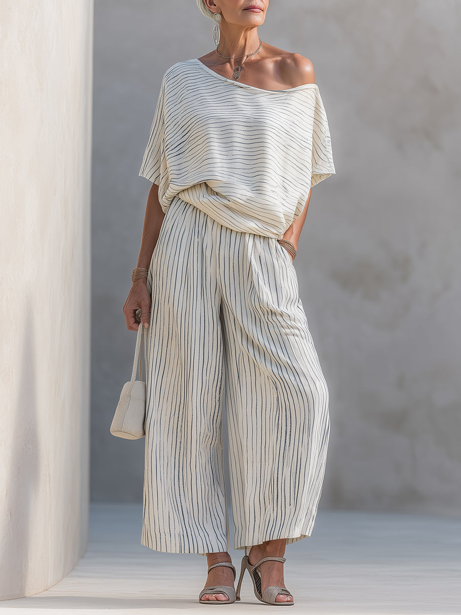 One-Shoulder Striped Short-Sleeve Blouse & Wide-Leg Pants Set