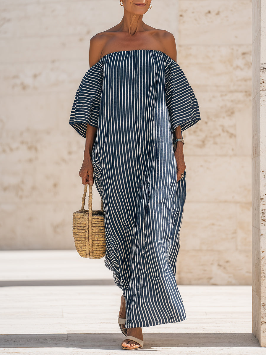 Robe longue rayée en coton et lin à épaules dénudées