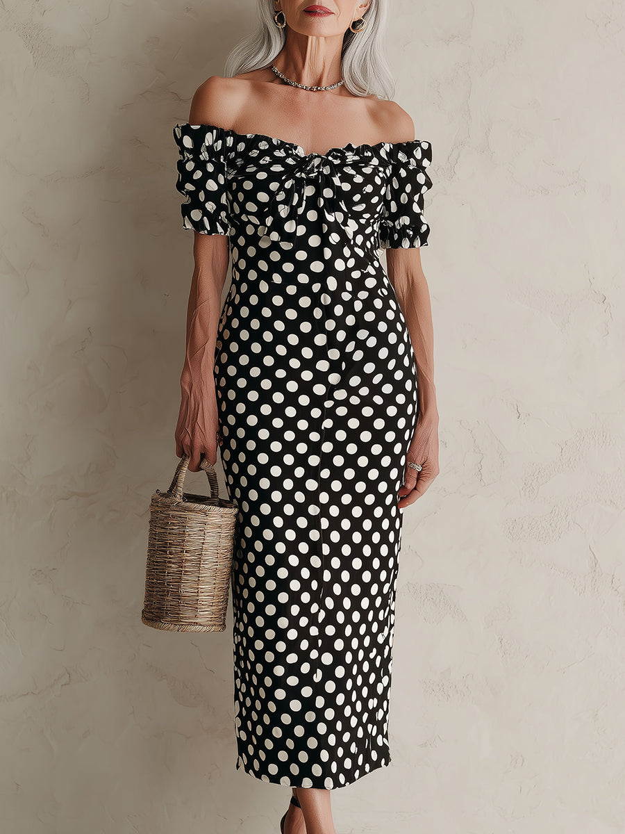 Off-the-Shoulder Polka Dot Straight-Cut Midi Dress