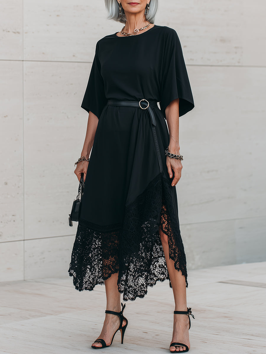 Casual Lace-Paneled Midi Dress With Belt