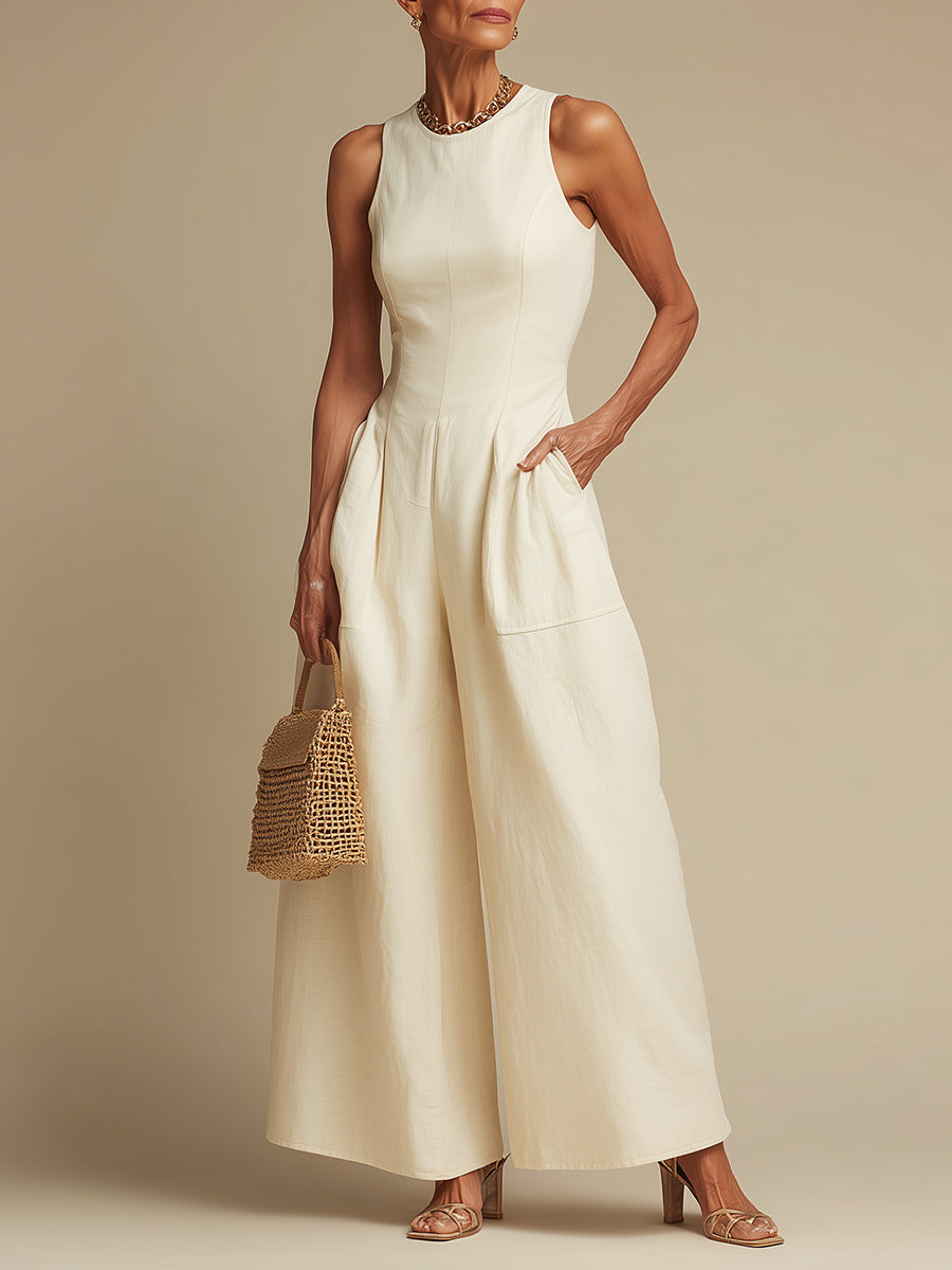 Crew-Neck Sleeveless Cotton Jumpsuit With Patch Pockets