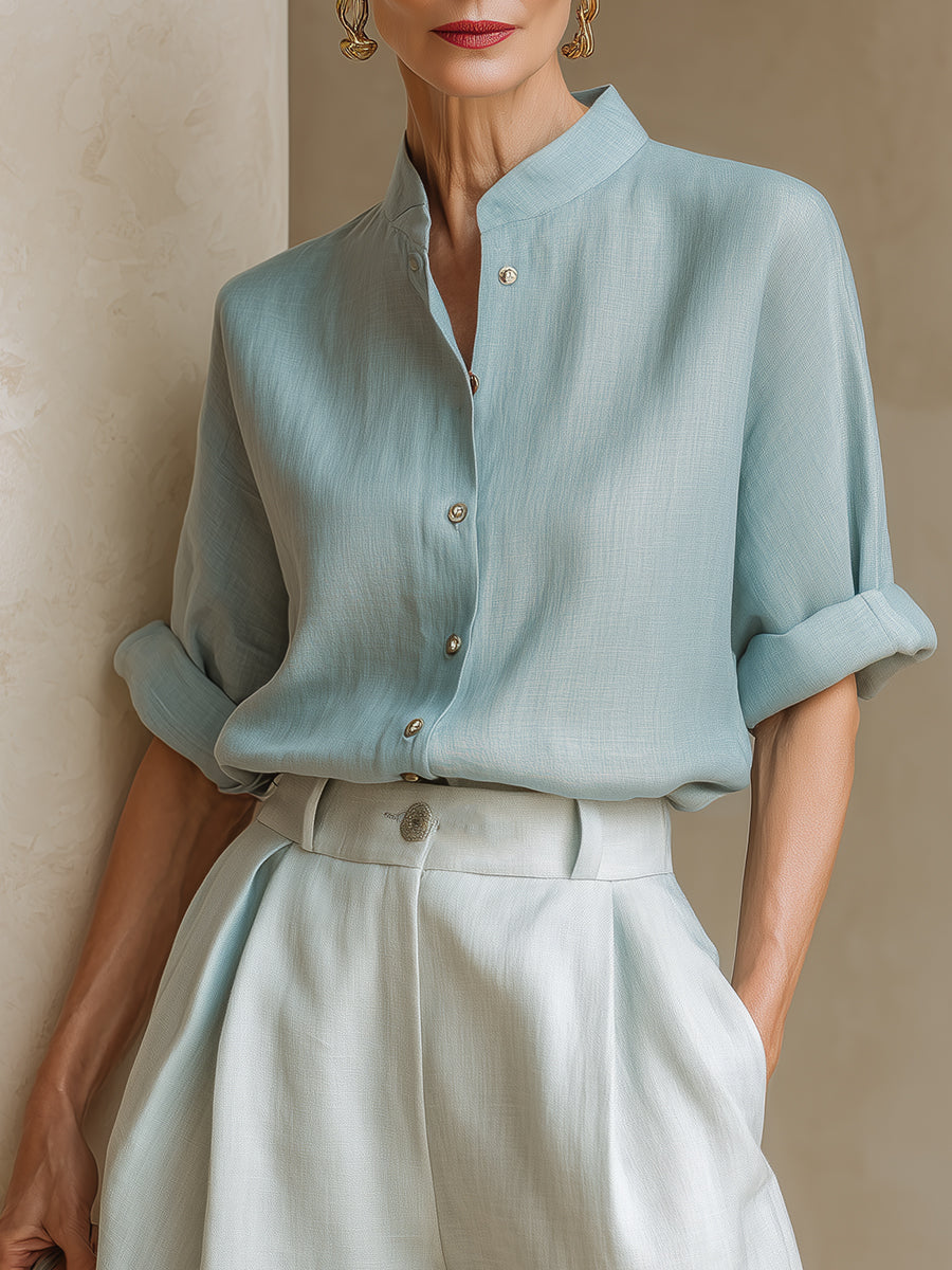 Stand-Collar Cotton-Linen Blouse With Button