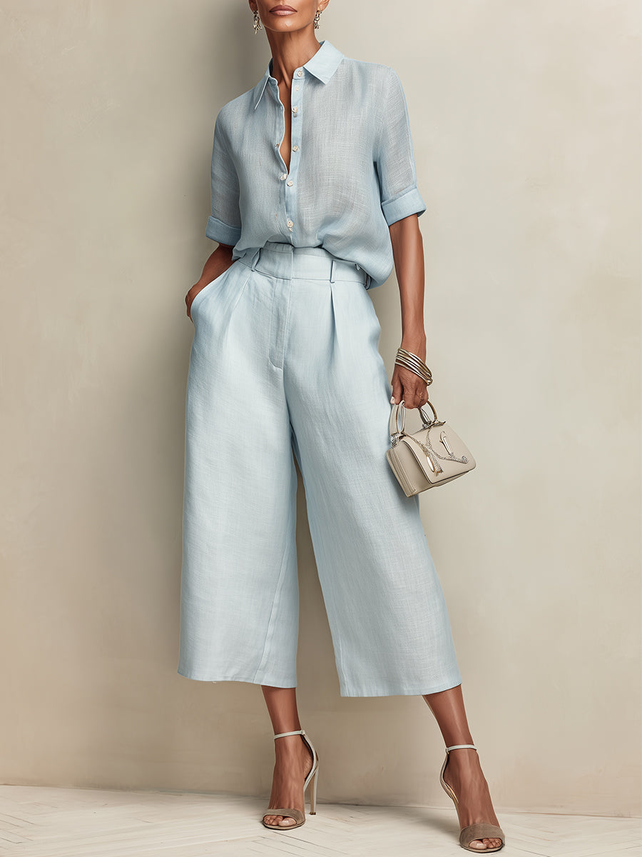 Slub Linen Blouse & Cropped Wide-Leg Pants Set