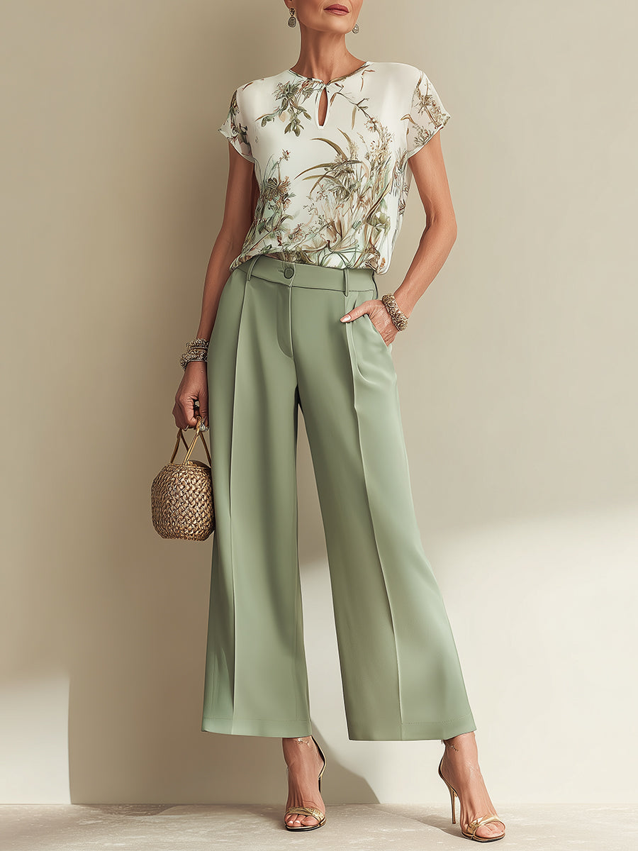 Keyhole-Neck Printed Blouse & Wide-Leg Pants Set