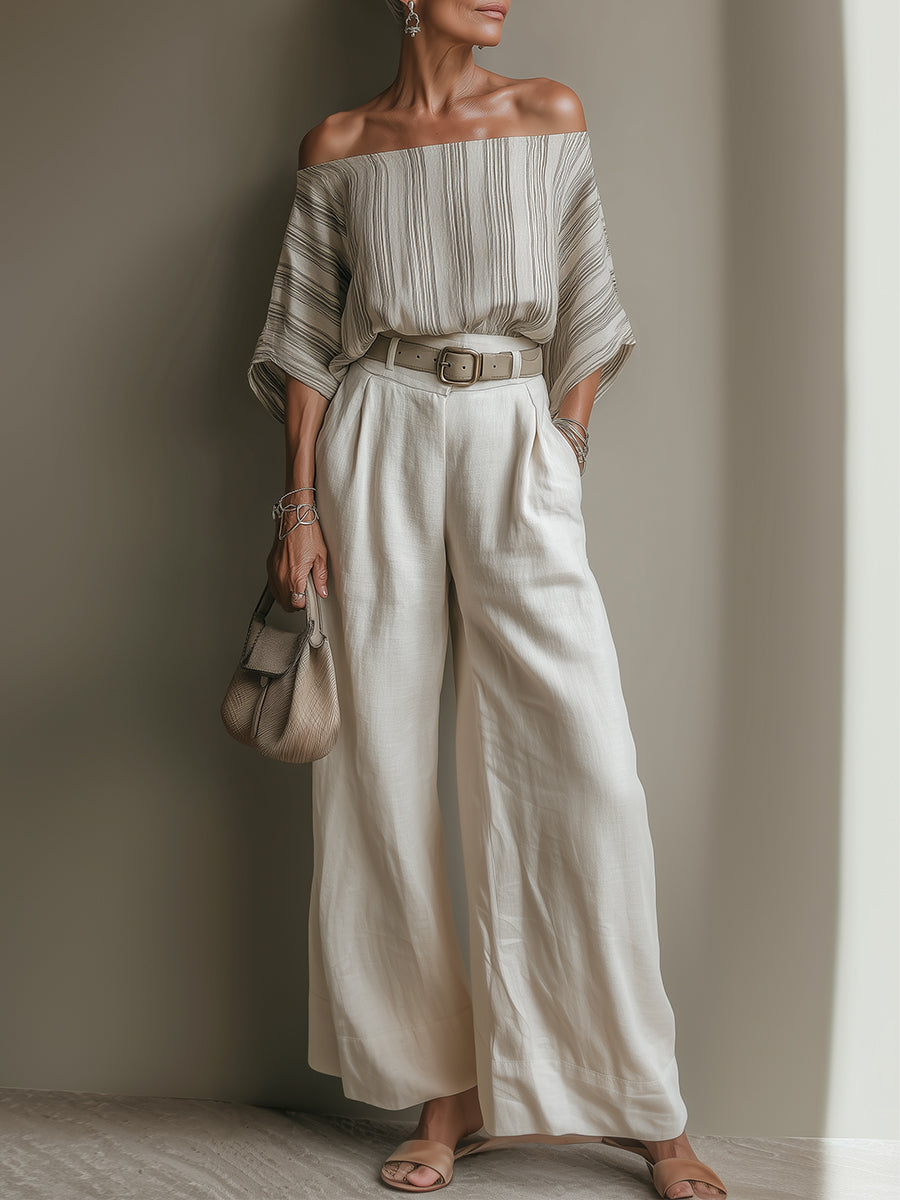 Off-Shoulder Striped Blouse & High-Waisted Pants Set (Includes Belt)