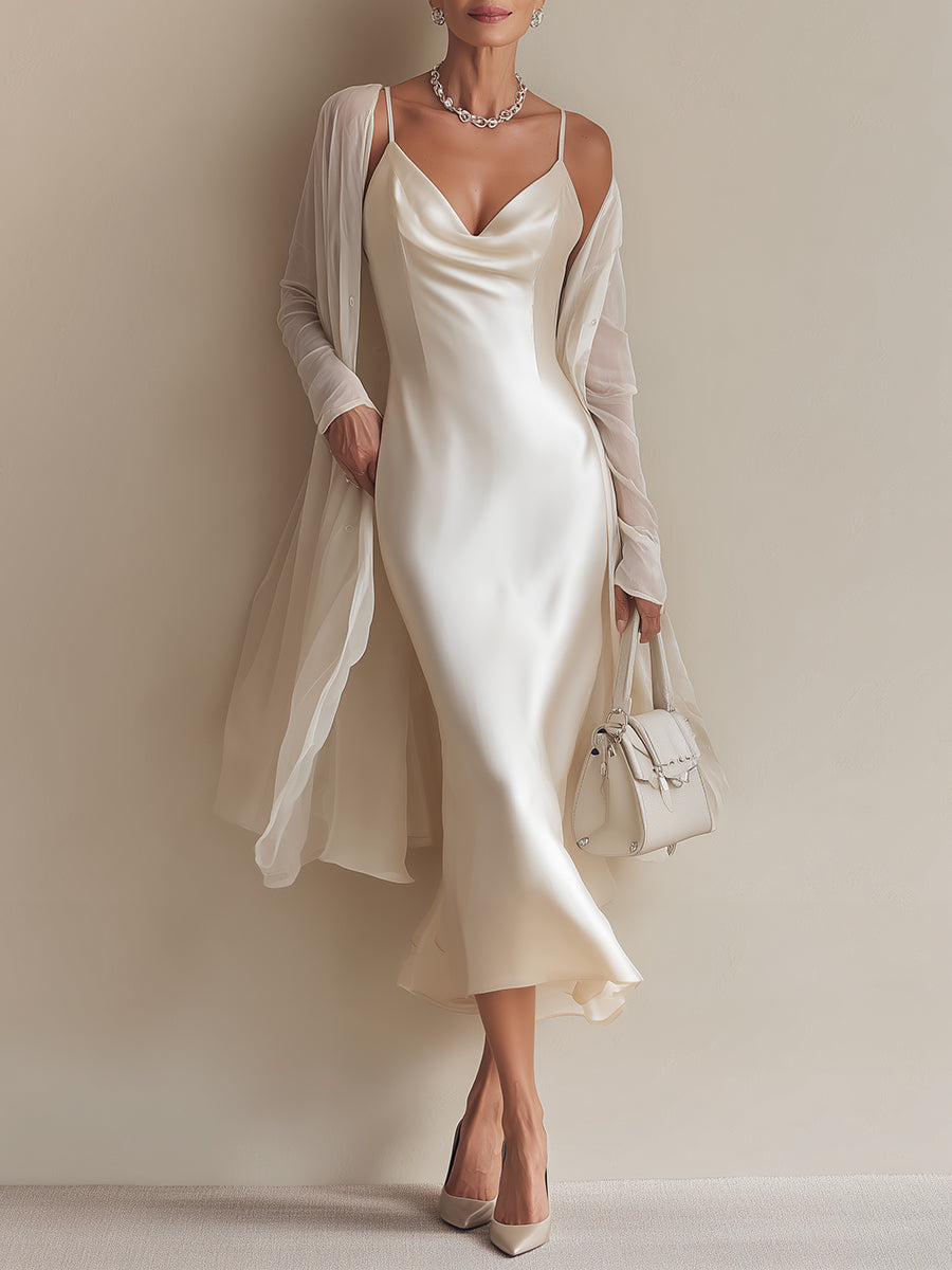 Drape-Neck Satin Midi Dress & Chiffon Cardigan Set