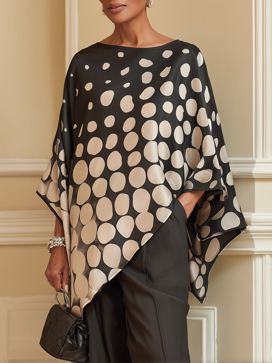 Batwing-Sleeve Polka-Dot Blouse With Asymmetrical Hem
