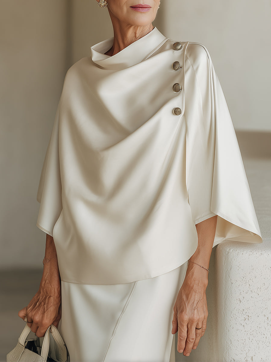 Mock-Neck Button-Detail Satin Cape Blouse