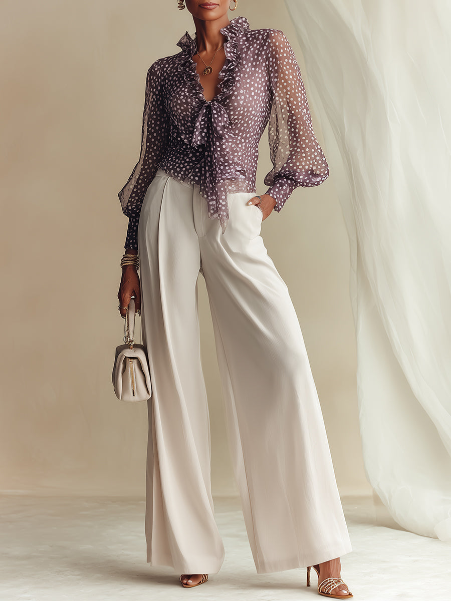 Ensemble Blouse en Mousseline à Pois avec Nœud Central sur le Devant et Pantalon