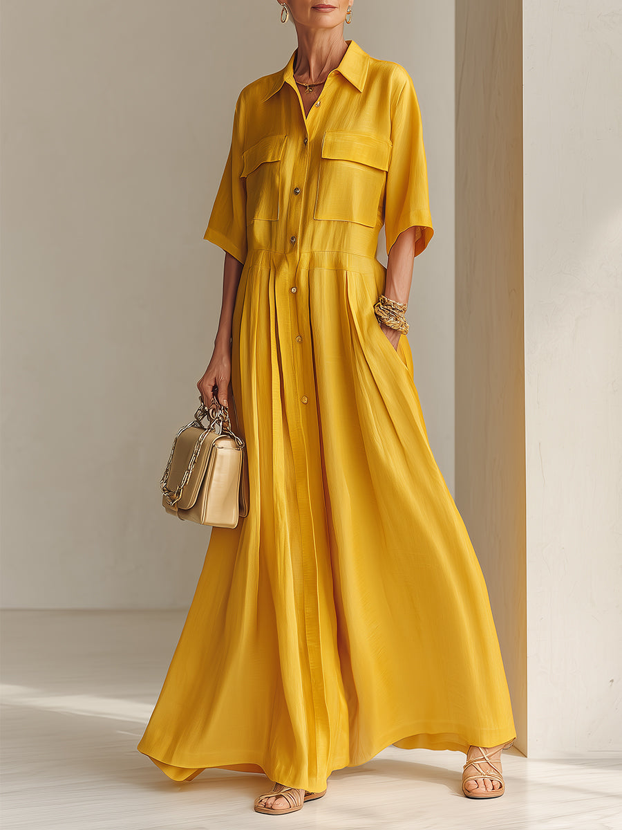 Stylish Tencel Pleated Maxi Dress With Patch Pockets