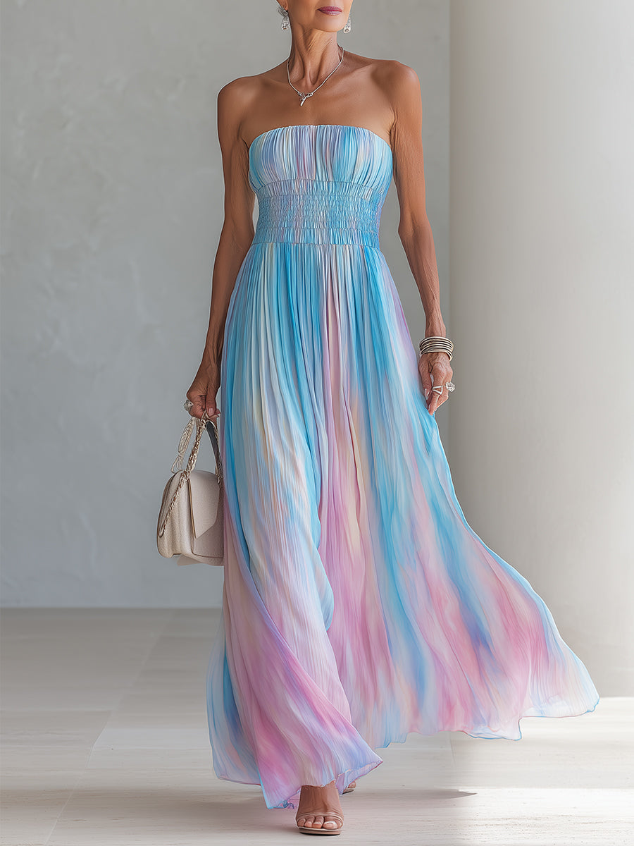 Robe longue plissée en mousseline dégradée bustier