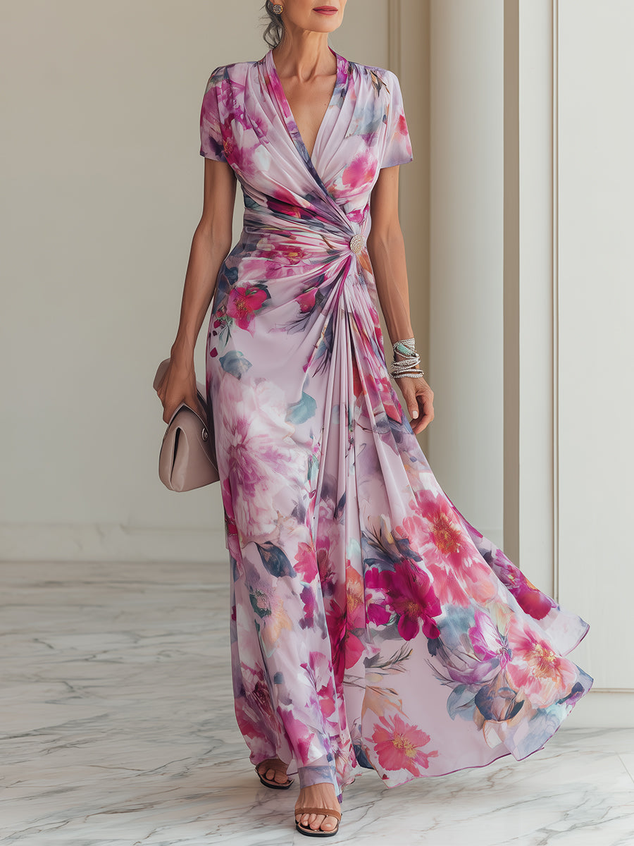 Elegant Crossover V-Neck Printed Maxi Dress