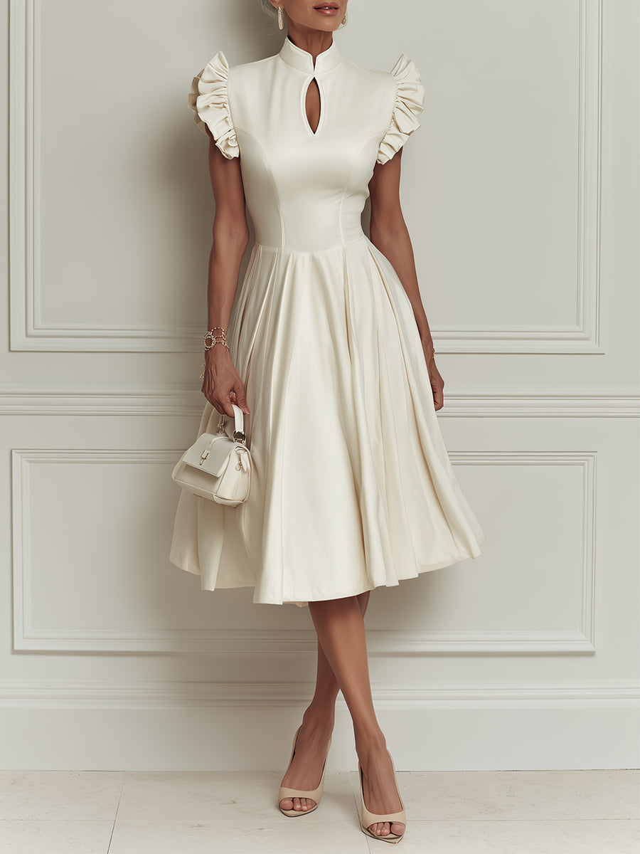 Satin Midi Dress With Flutter Sleeves And Keyhole Neckline