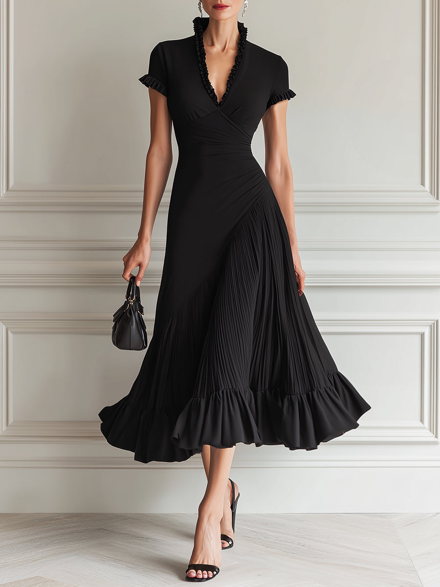 Classic Ruffled Stand-Collar Pleated Midi Dress