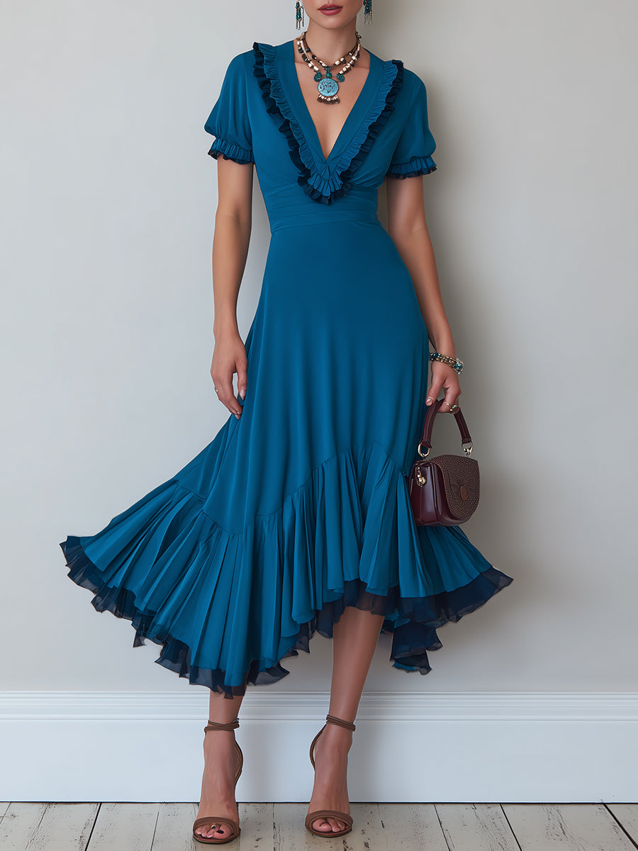 French-Style Contrast-Trim Ruffled Midi Dress