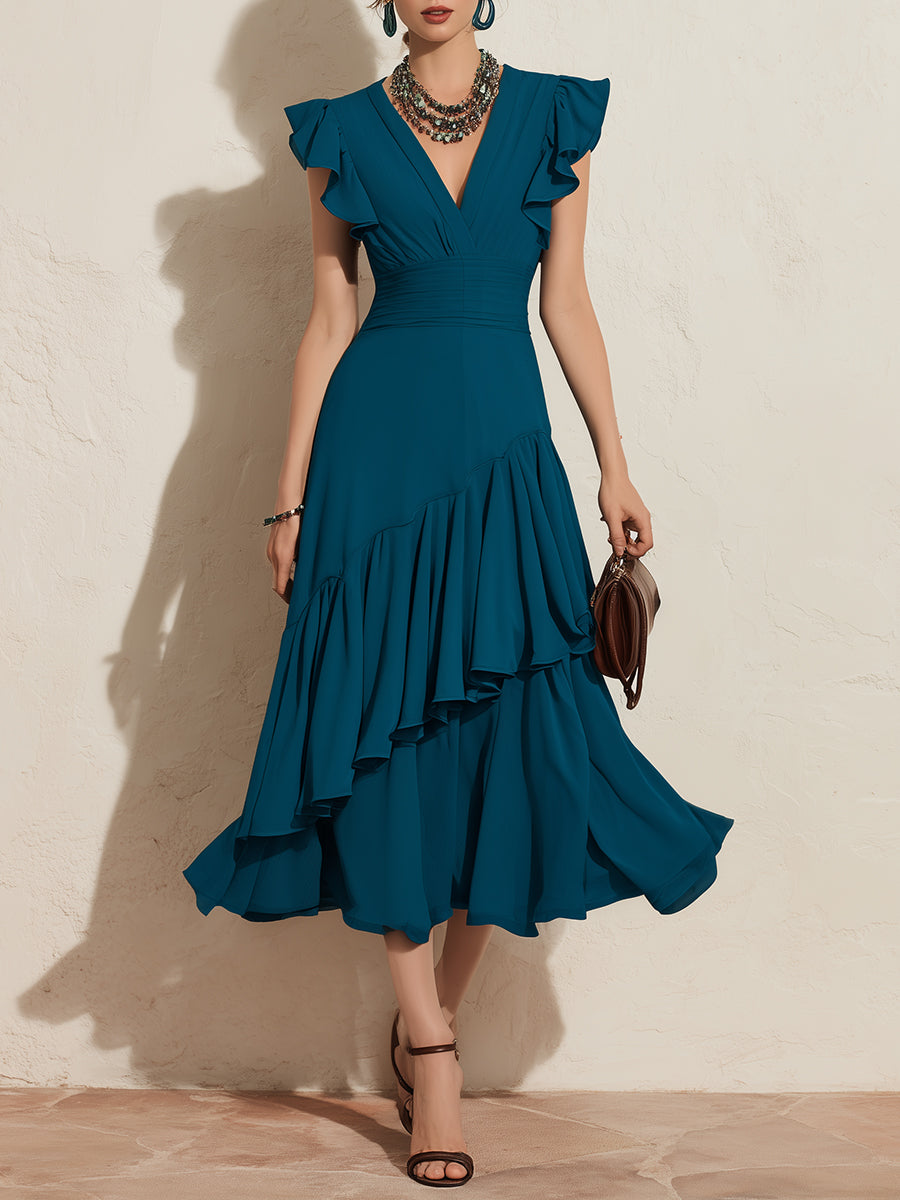 Elegant Ruffle-Trimmed A-Line Midi Dress