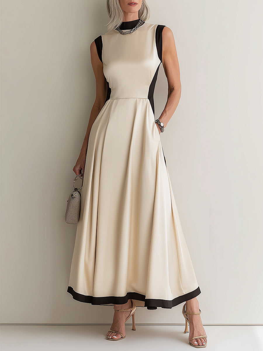 Elegant Color-Block Patchwork A-Line Maxi Dress
