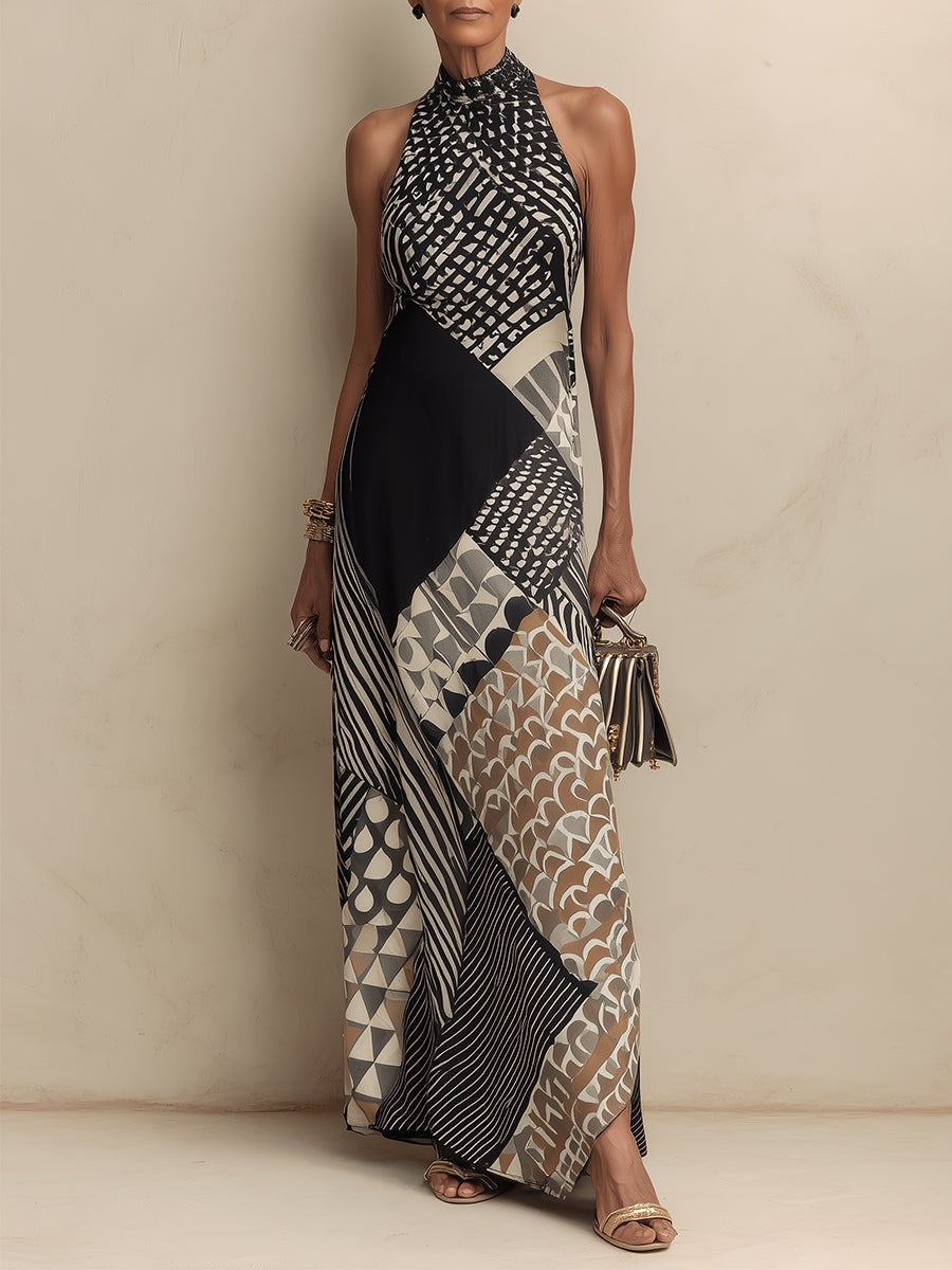 Scarf-Print Mock-Neck Maxi Dress With Side Slits