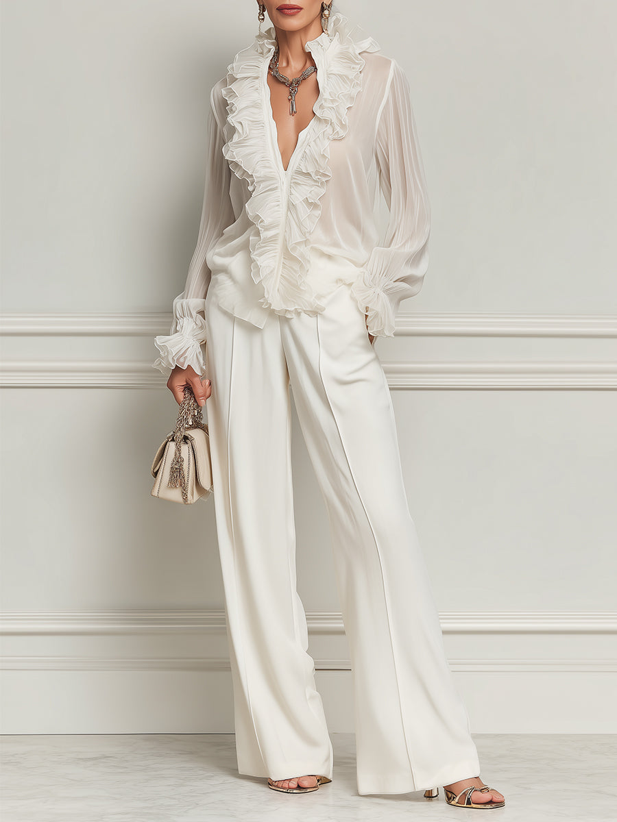 French-Style Ruffled Chiffon Blouse & Wide-Leg Pants Set