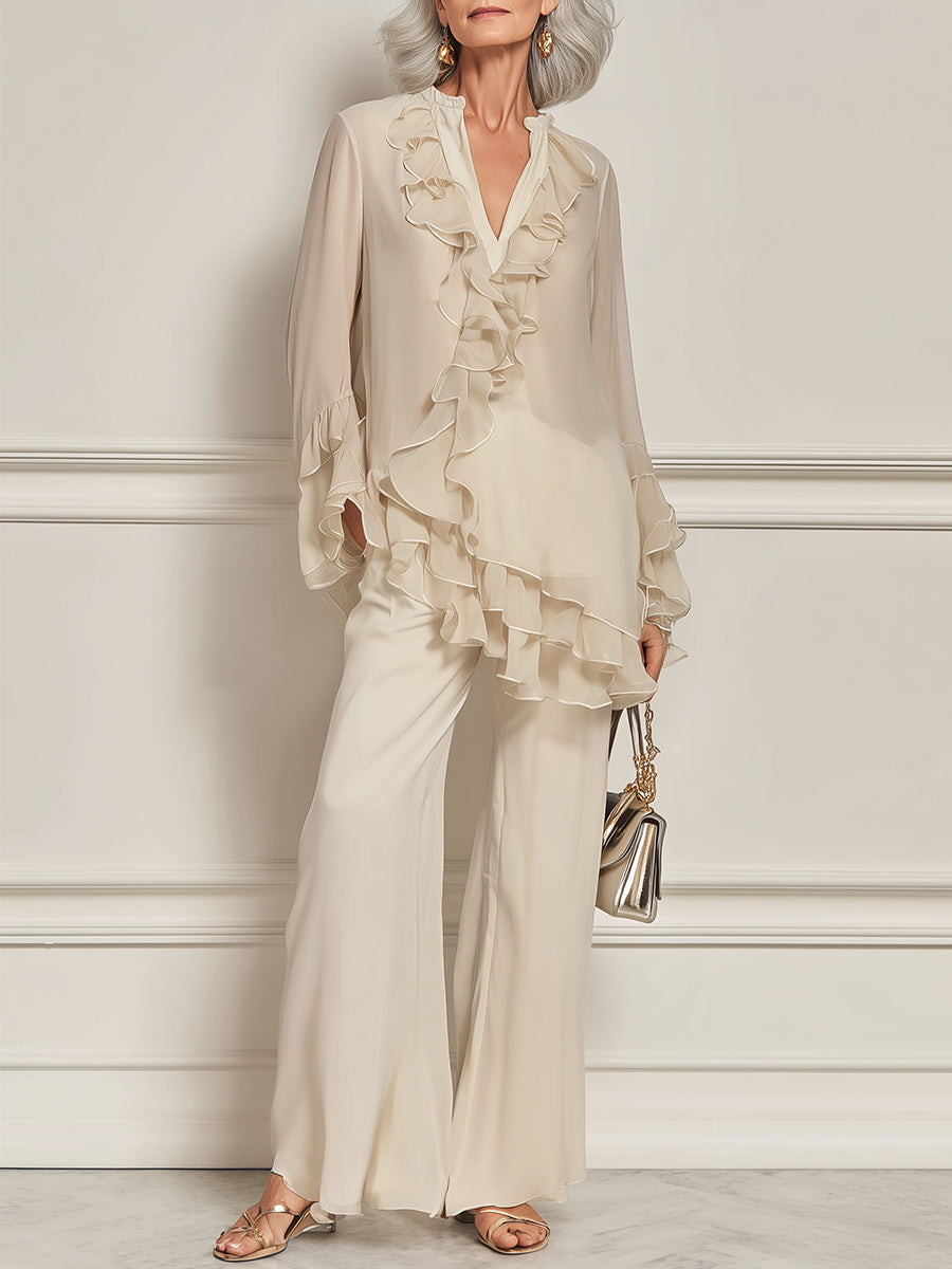 Elegant Ruffle-Trimmed Chiffon Blouse & Flared Pants Set